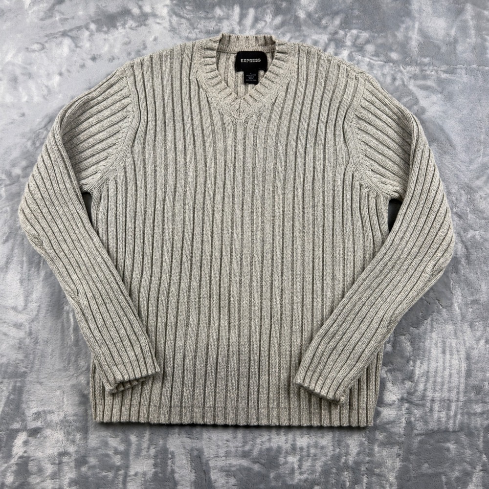 Express Mens V-Neck Ribbed Knit Cotton Sweater Gray Marl Large